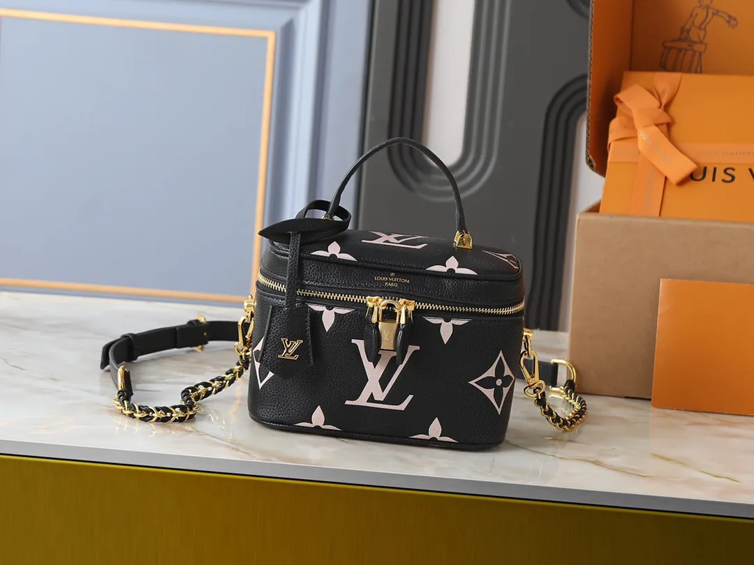 Louis Vuitton Vanity PM Handbag Giant Monogram Empreinte Black with Letter