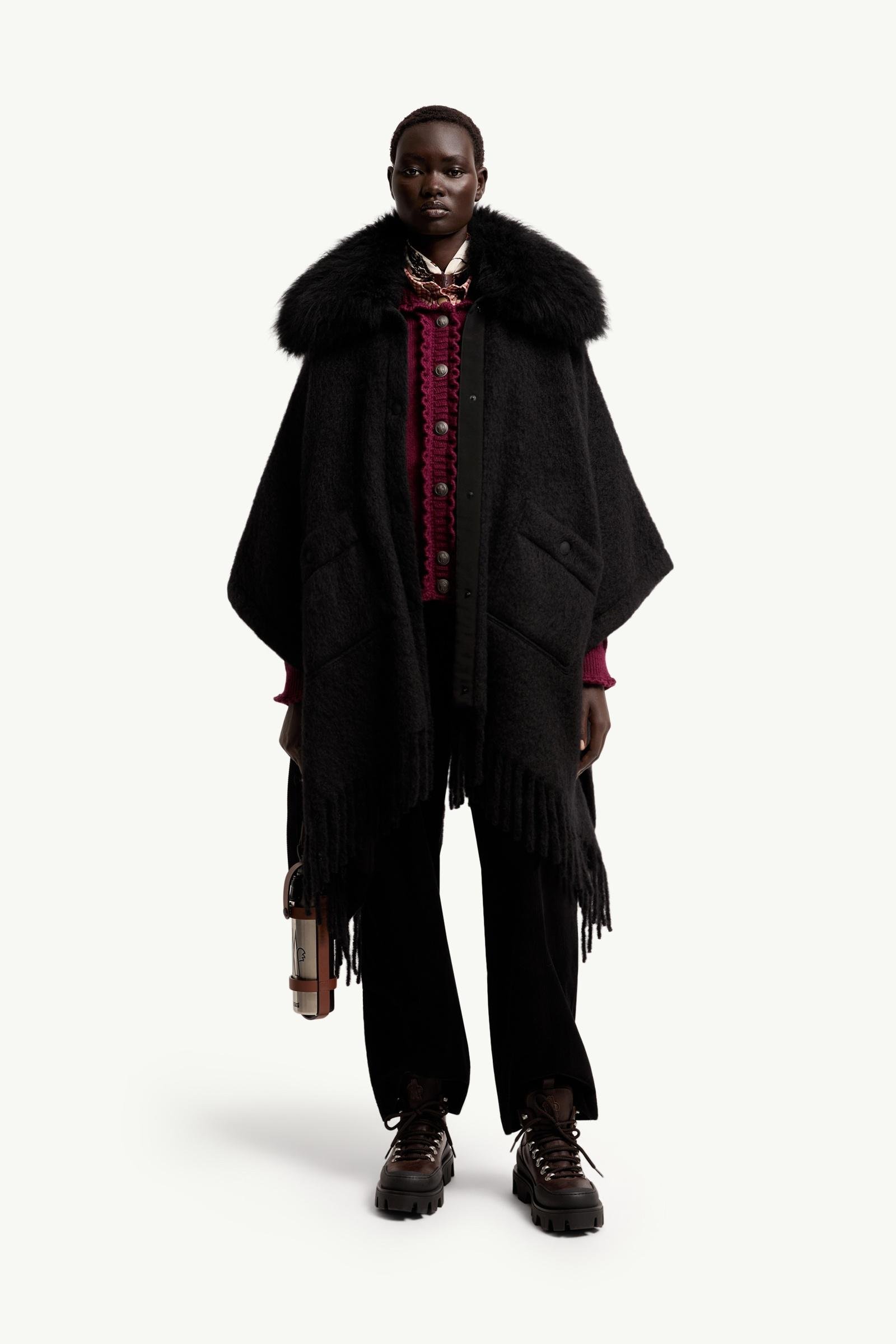 Shearling Collar Mohair, Alpaca & Wool Blend Cape